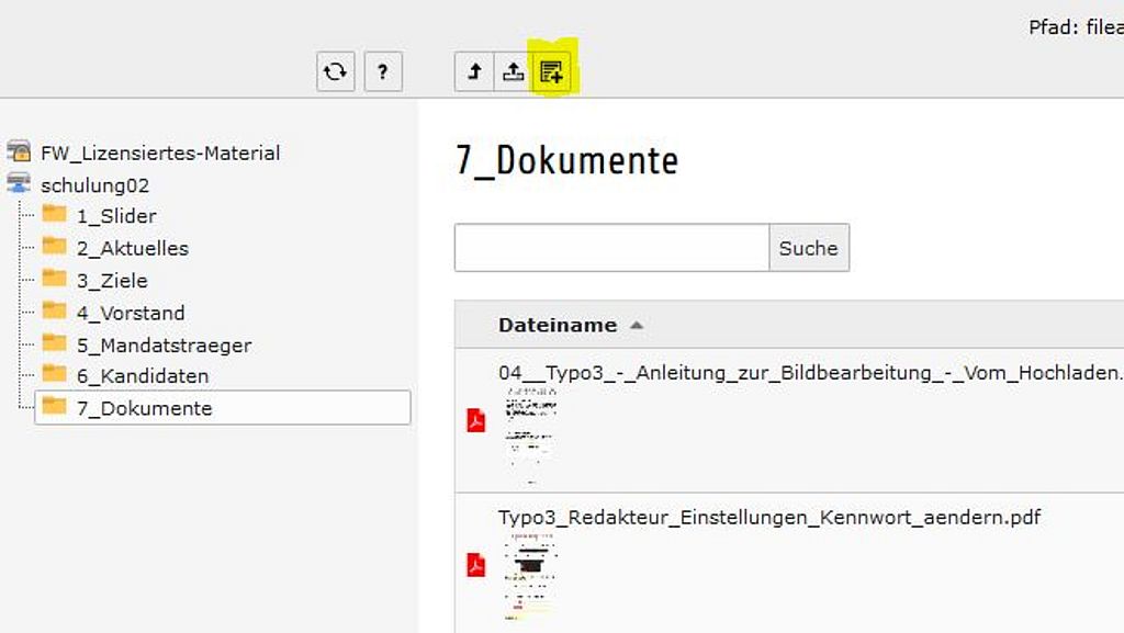 Typo3 Backend - Dateiliste - Eine Datei hinzufügen