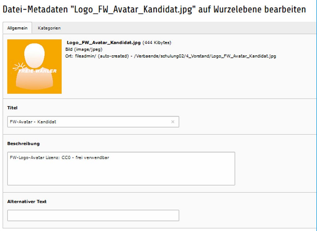 Typo3 Backend - Dateiliste - Ansicht einer Datei-Metadaten