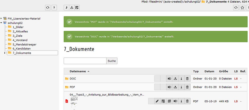 Typo3 Backend - Dateiliste - Ordner wurde angelegt 